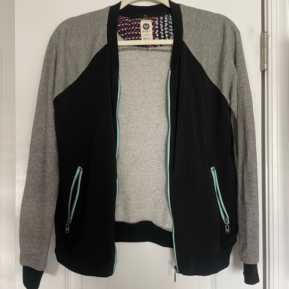 Roxy Black and Gray Bomber Jacket with Ribbed Cuffs